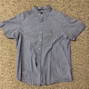 Polo - Short-Sleeve Button-Down. 
Size - Large. 
Color - Blue & White